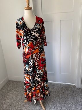 Attitudes by Renee Red Black Orange Butterfly-Print Maxi Dress